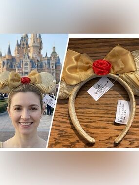 Disney Gold Minnie Ear Headband & Red Rose Princess belle Beauty & beast Mickey